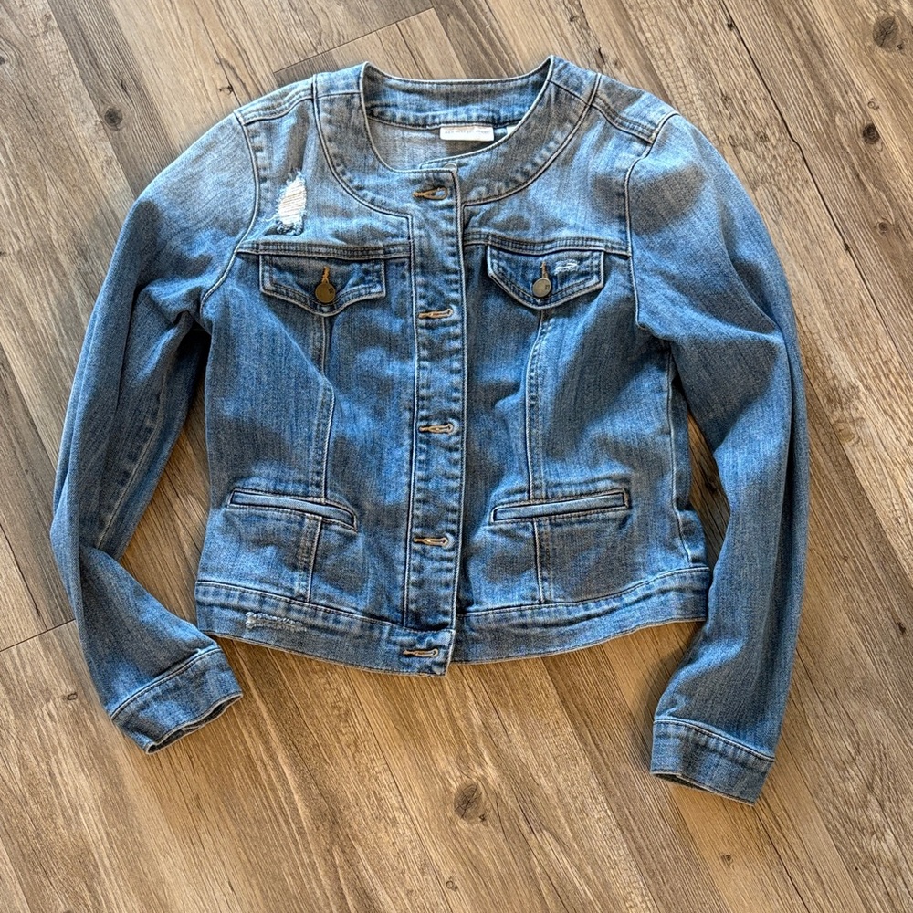 Cropped Collarless Denim Jacket Tailored Distressed